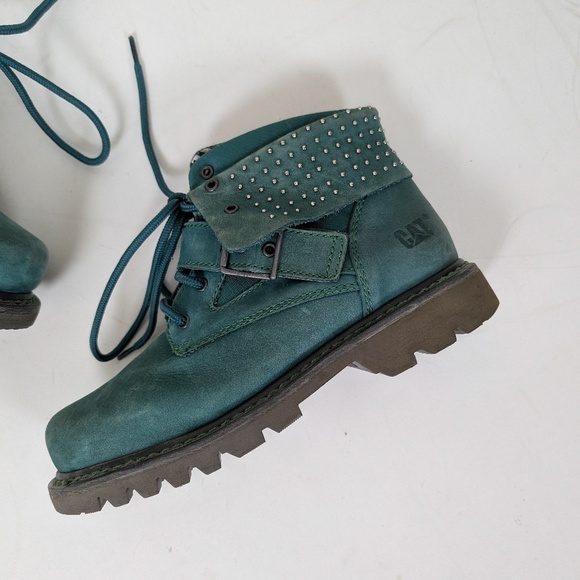 Cat Antique Green Leather Boots Turquoise Work Chunky Combat Studs - Picture 5 of 11